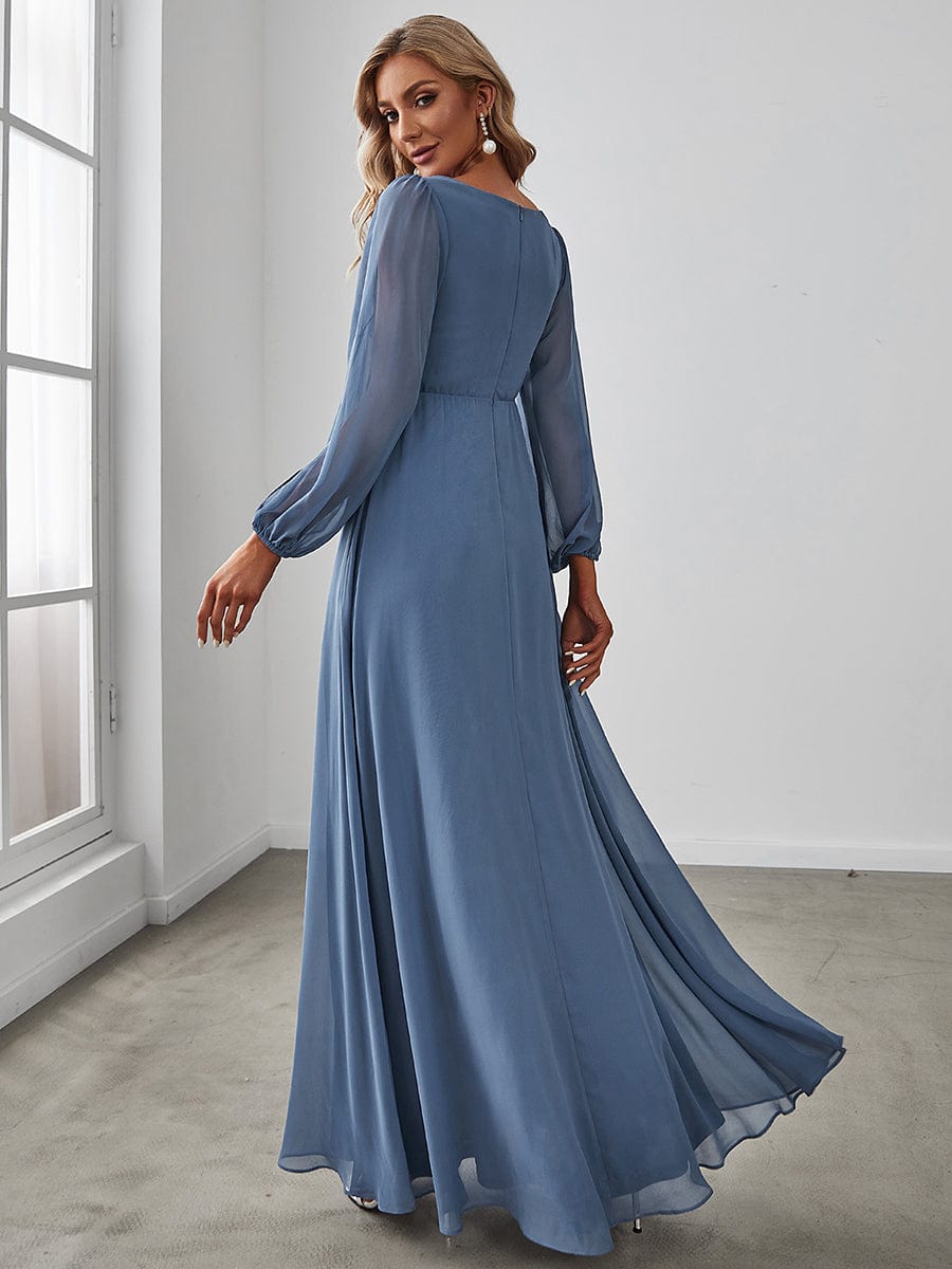 Elegant Chiffon V-Neckline Long Sleeve Formal Evening Dress #color_Dusty Navy