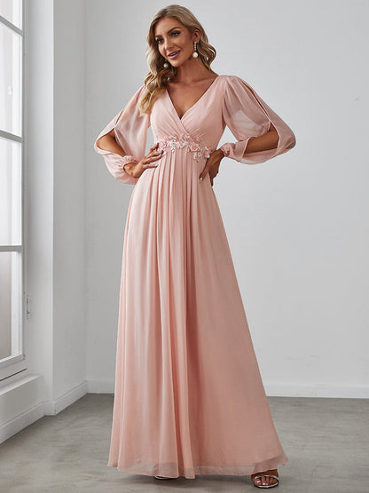 Elegant Chiffon V-Neckline Long Sleeve Formal Evening Dress #color_Pink