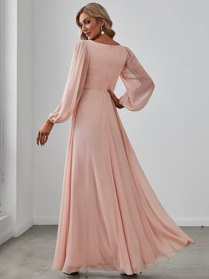 Elegant Chiffon V-Neckline Long Sleeve Formal Evening Dress #color_Pink