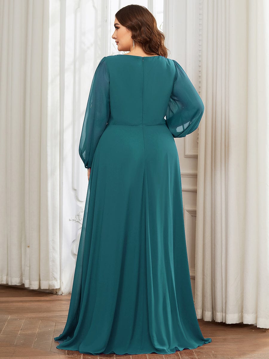 Waist Sequin Applique Chiffon Hollow Long Sleeve Evening Dress #color_Teal