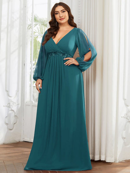 Stylish Plus Size Chiffon Formal Evening Dresses with Long Lantern Sleeves #color_Teal