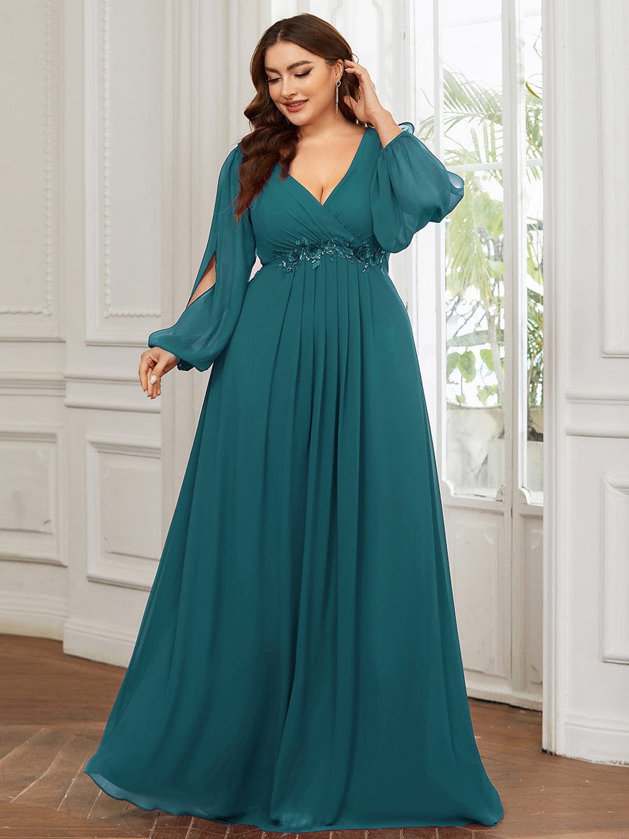 Stylish Plus Size Chiffon Formal Evening Dresses with Long Lantern Sleeves #color_Teal