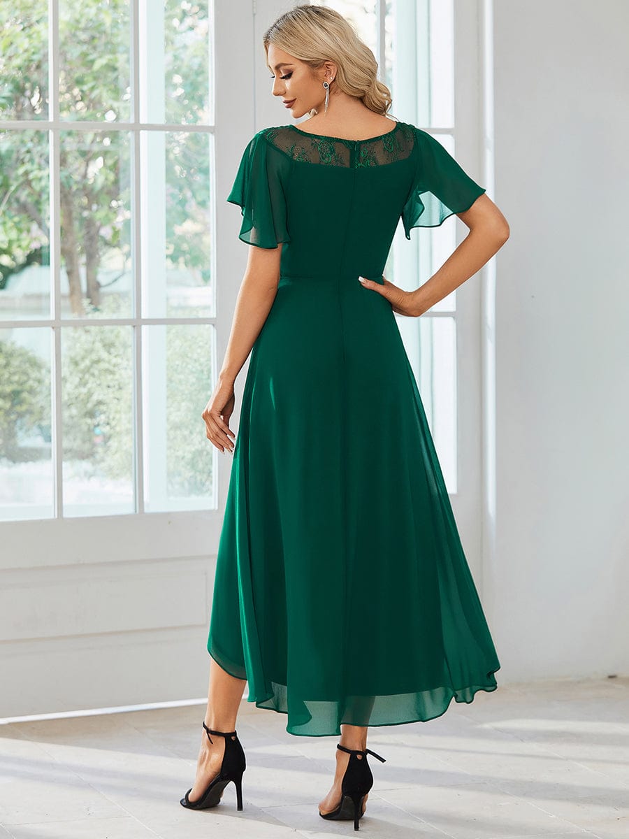 Chiffon Ruffle Sleeves Asymmetrical Hem Mother of the Bride Dress #color_Dark Green