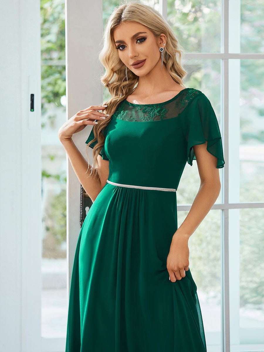 Chiffon Ruffle Sleeves Asymmetrical Hem Mother of the Bride Dress #color_Dark Green