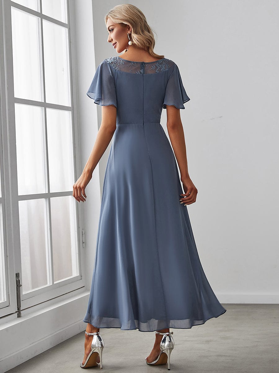 Chiffon Ruffle Sleeves Asymmetrical Hem Mother of the Bride Dress #color_Dusty Navy