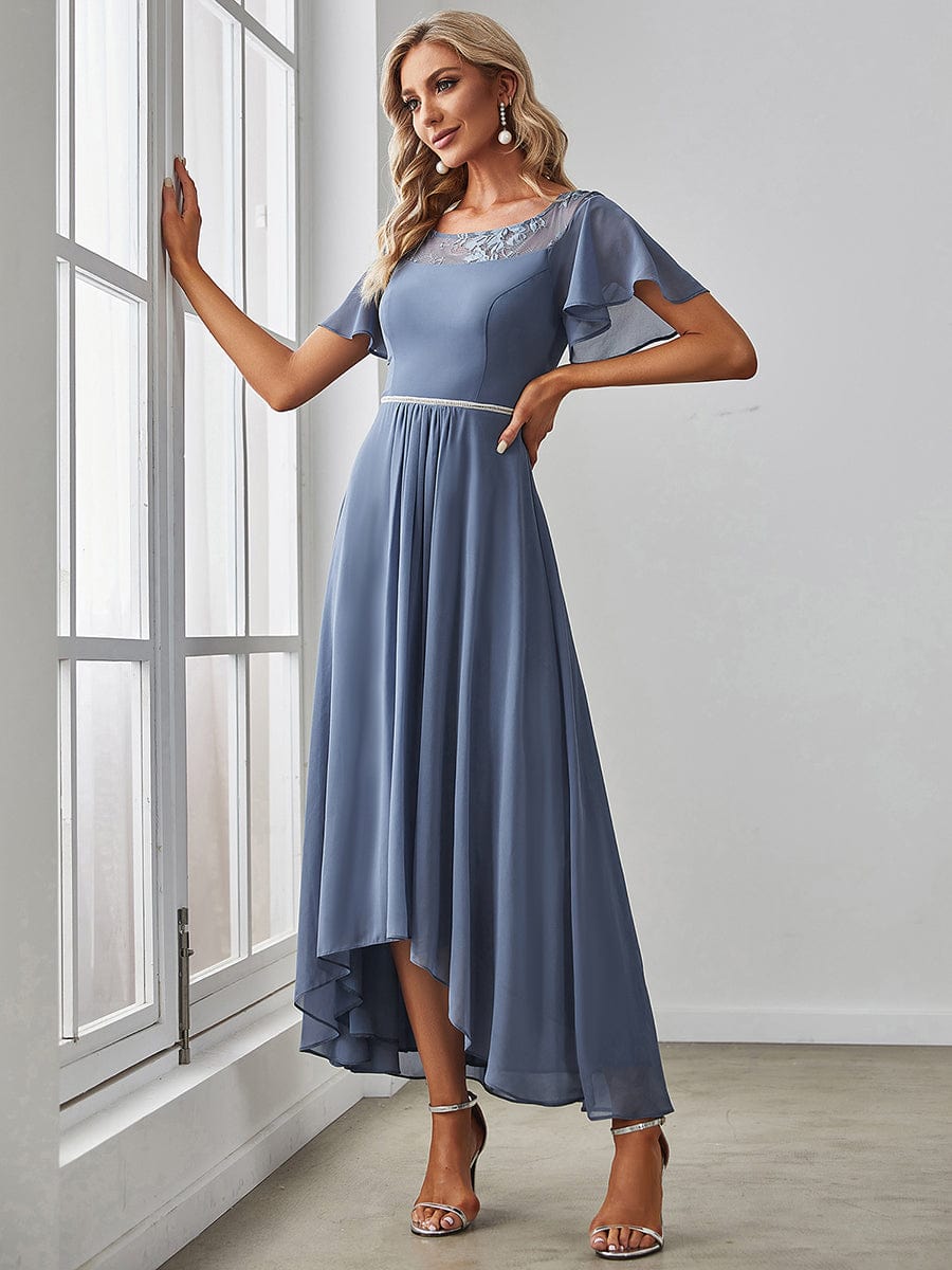 Chiffon Ruffle Sleeves Asymmetrical Hem Mother of the Bride Dress #color_Dusty Navy