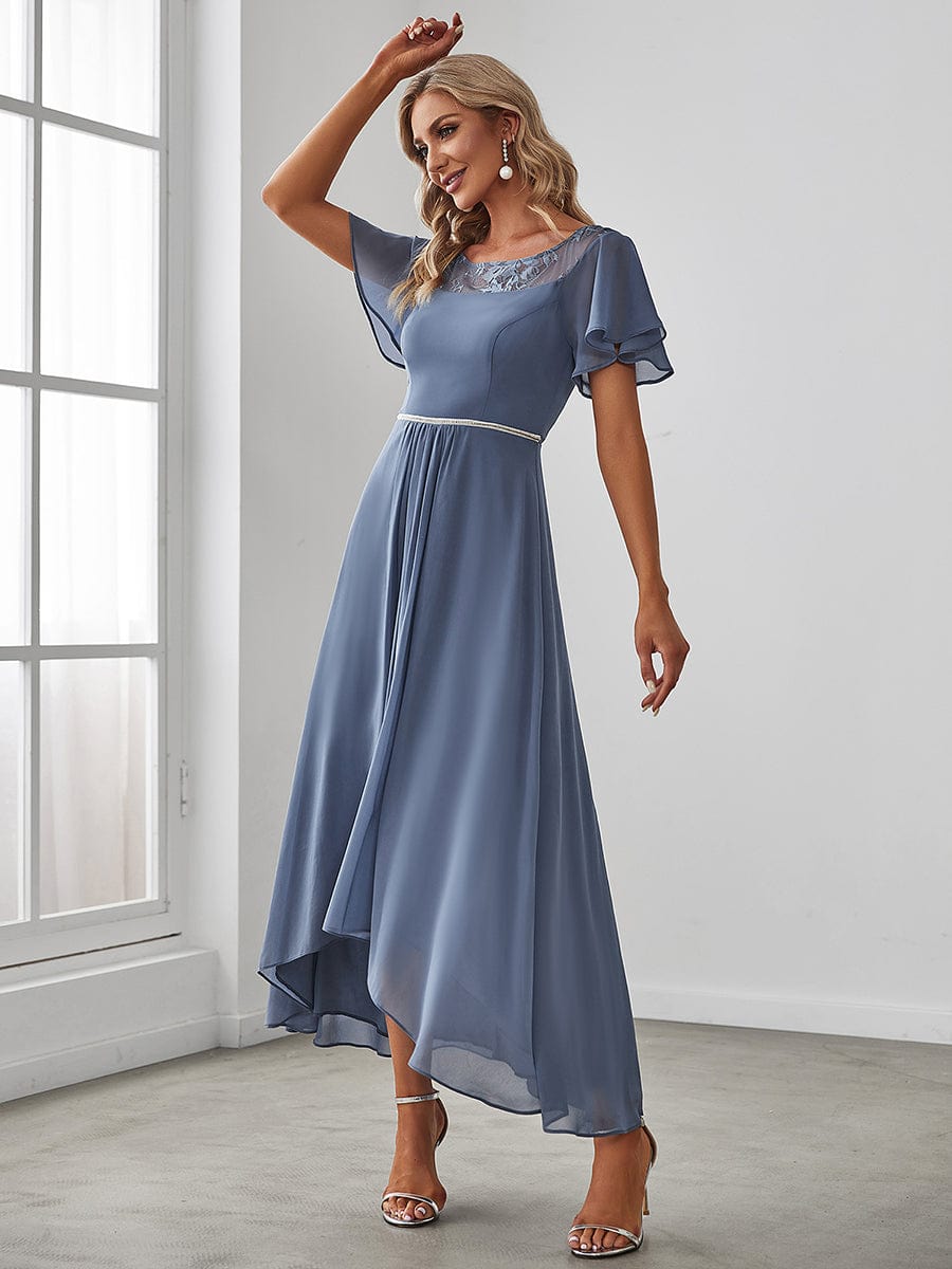 Chiffon Ruffle Sleeves Asymmetrical Hem Mother of the Bride Dress #color_Dusty Navy