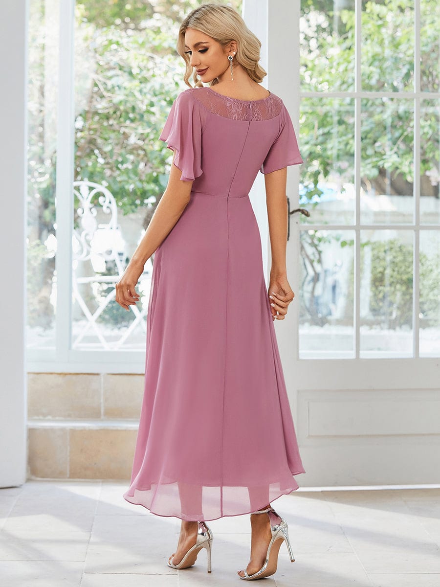 Chiffon Ruffle Sleeves Asymmetrical Hem Mother of the Bride Dress #color_Purple Orchid