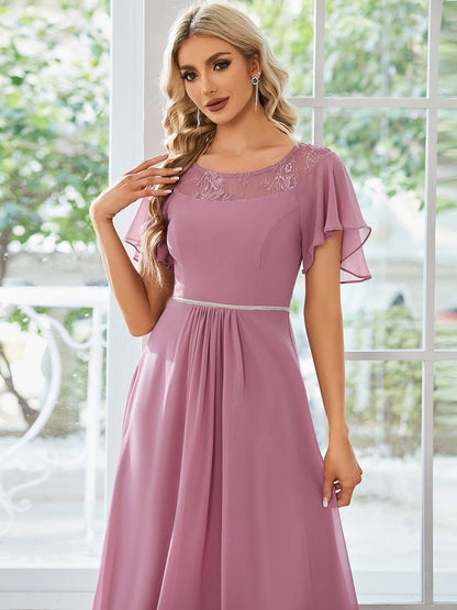 Chiffon Ruffle Sleeves Asymmetrical Hem Mother of the Bride Dress #color_Purple Orchid