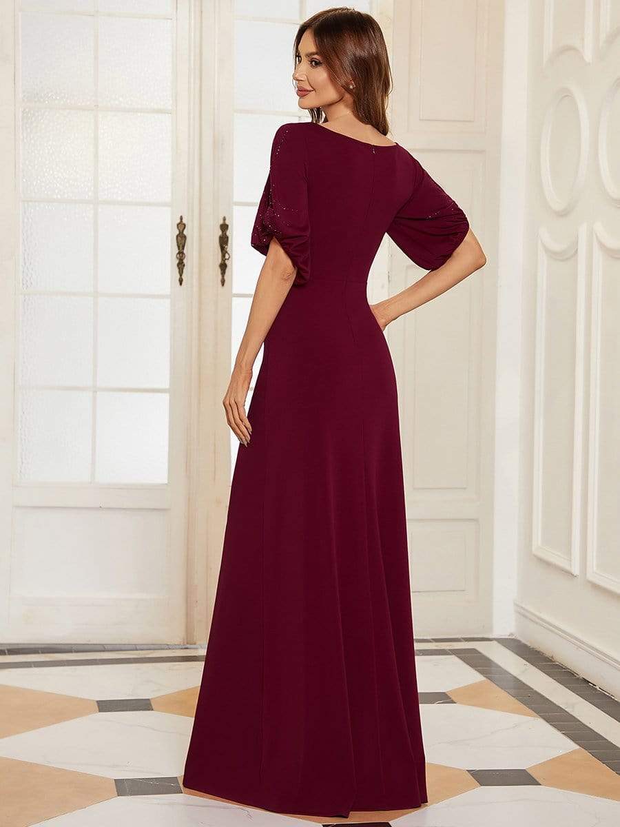 Trendy Round Neck Long Bodycon Evening Dress with Sleeves #color_Burgundy 