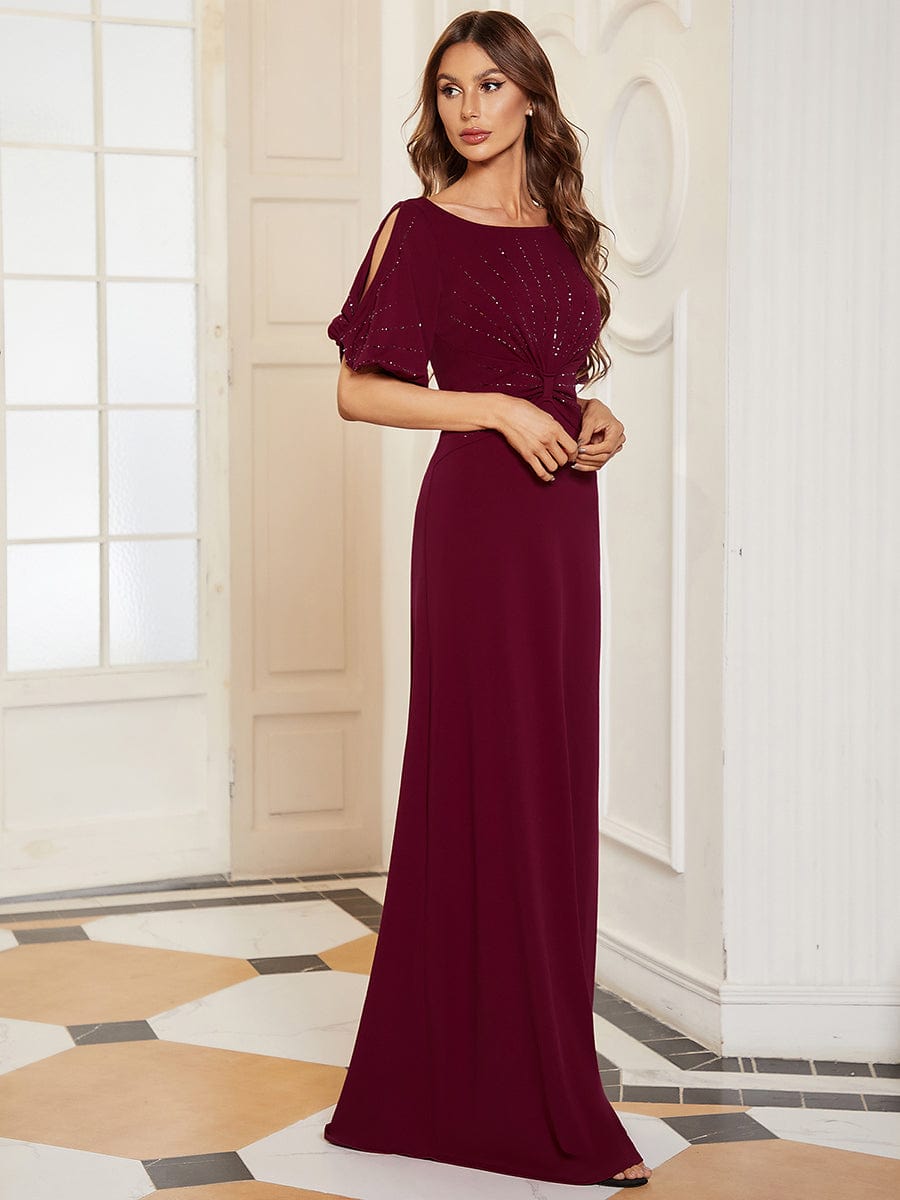 Trendy Round Neck Long Bodycon Evening Dress with Sleeves #color_Burgundy 