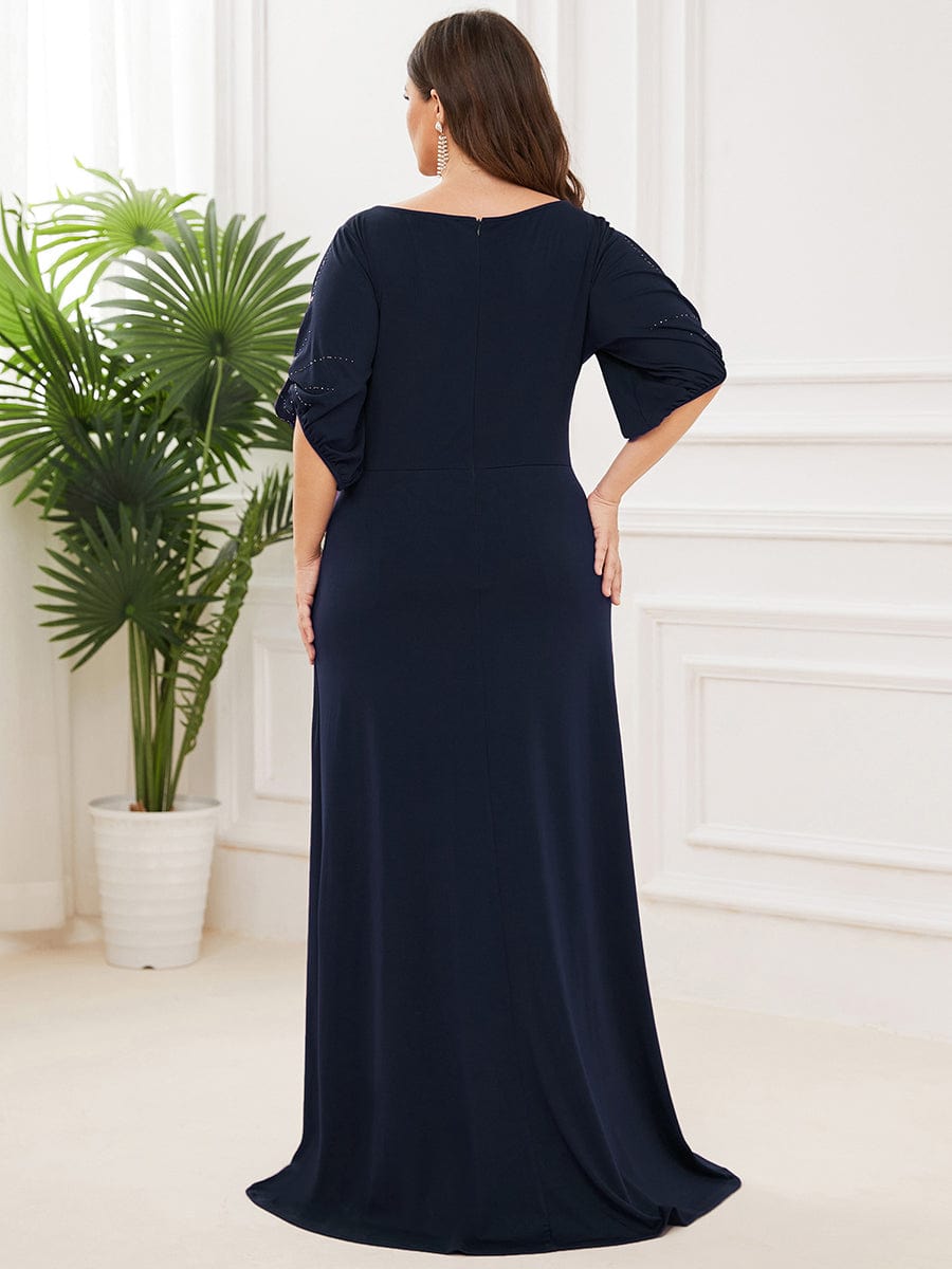 Trendy Round Neck Long Bodycon Evening Dress with Sleeves #color_Navy Blue