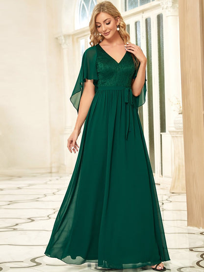 Deep V Neck Lace Bodice Long Flowy Evening Dress #color_Dark Green 