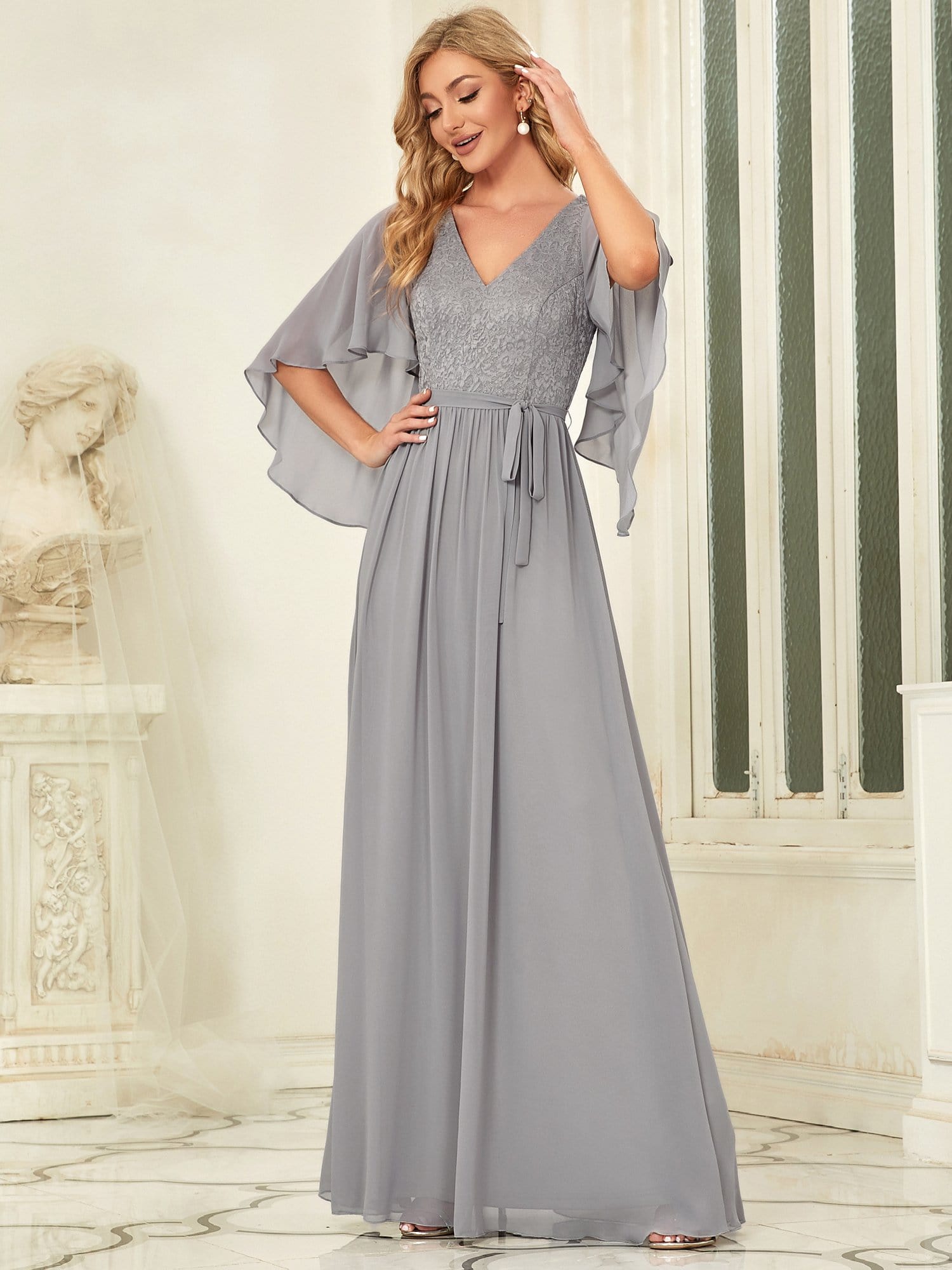 Deep V Neck Lace Bodice Long Flowy Evening Dress #color_Grey 