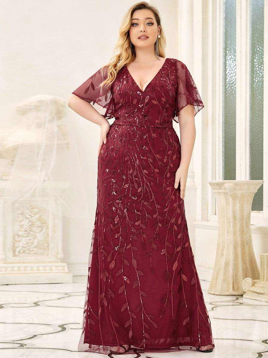 Fashion Plus Size V Neck Mermaid Sequin & Tulle Evening Dress #color_Burgundy