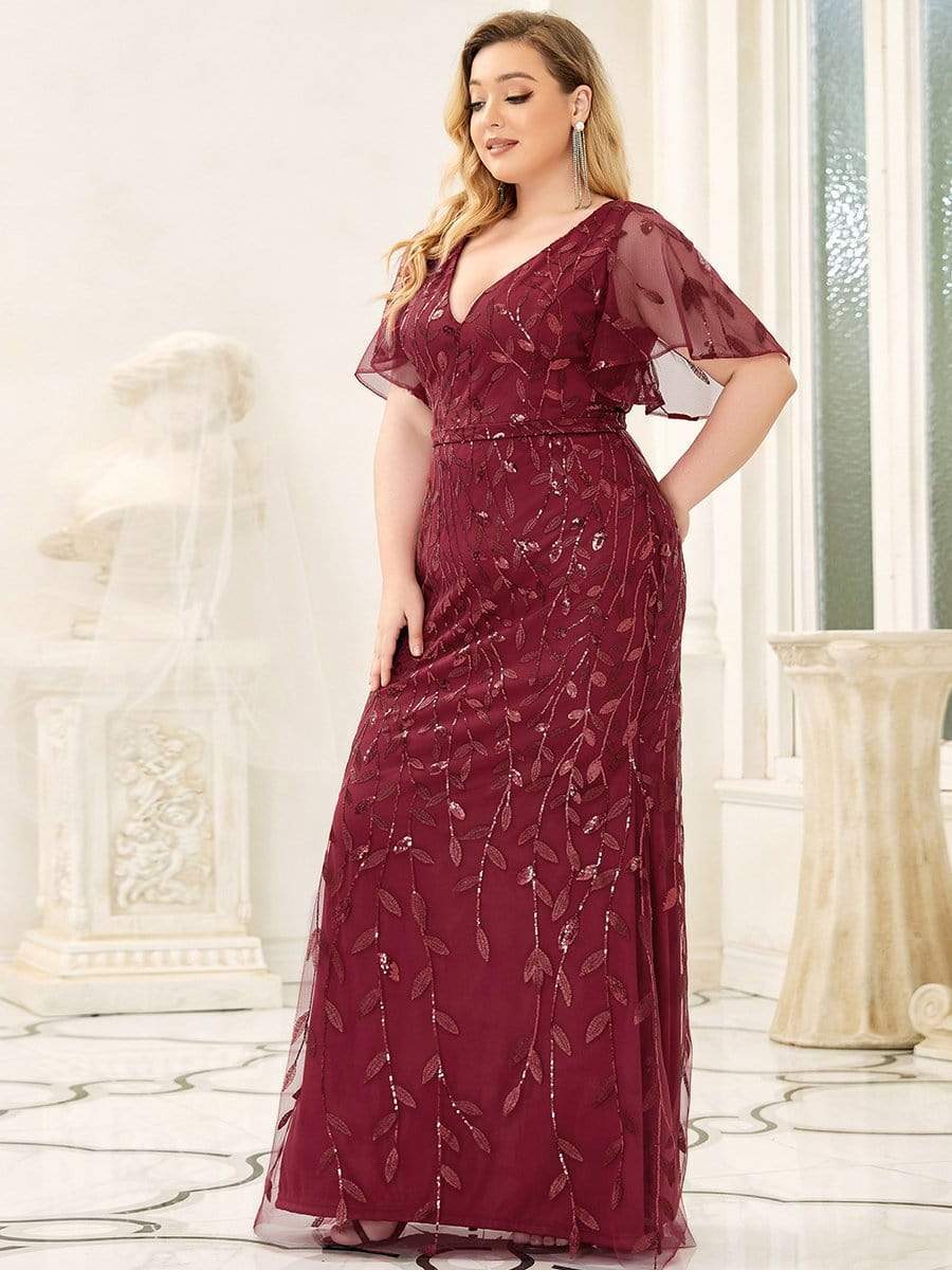 Fashion Plus Size V Neck Mermaid Sequin & Tulle Evening Dress #color_Burgundy