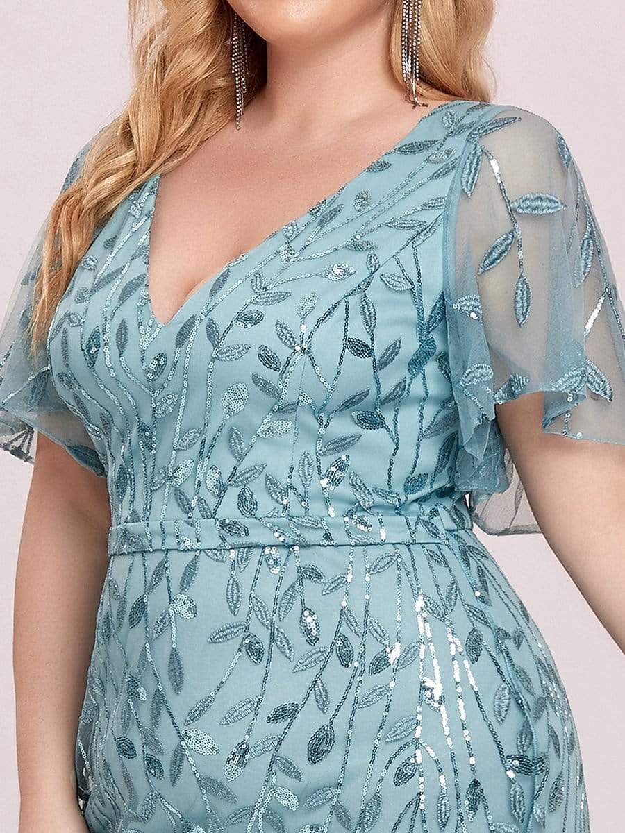 Fashion Plus Size V Neck Mermaid Sequin & Tulle Evening Dress #color_Dusty Blue