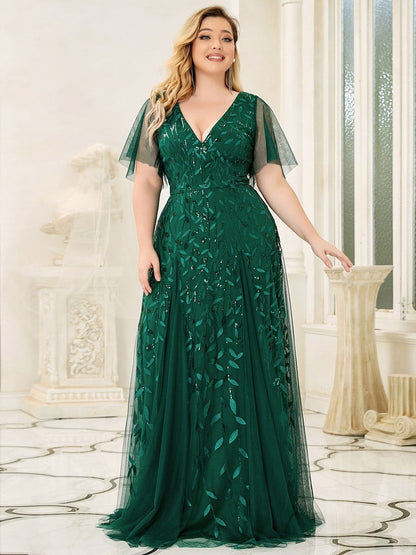 Shimmery V Neck Ruffle Sleeves Sequin Maxi Long Evening Dress #color_Dark Green 