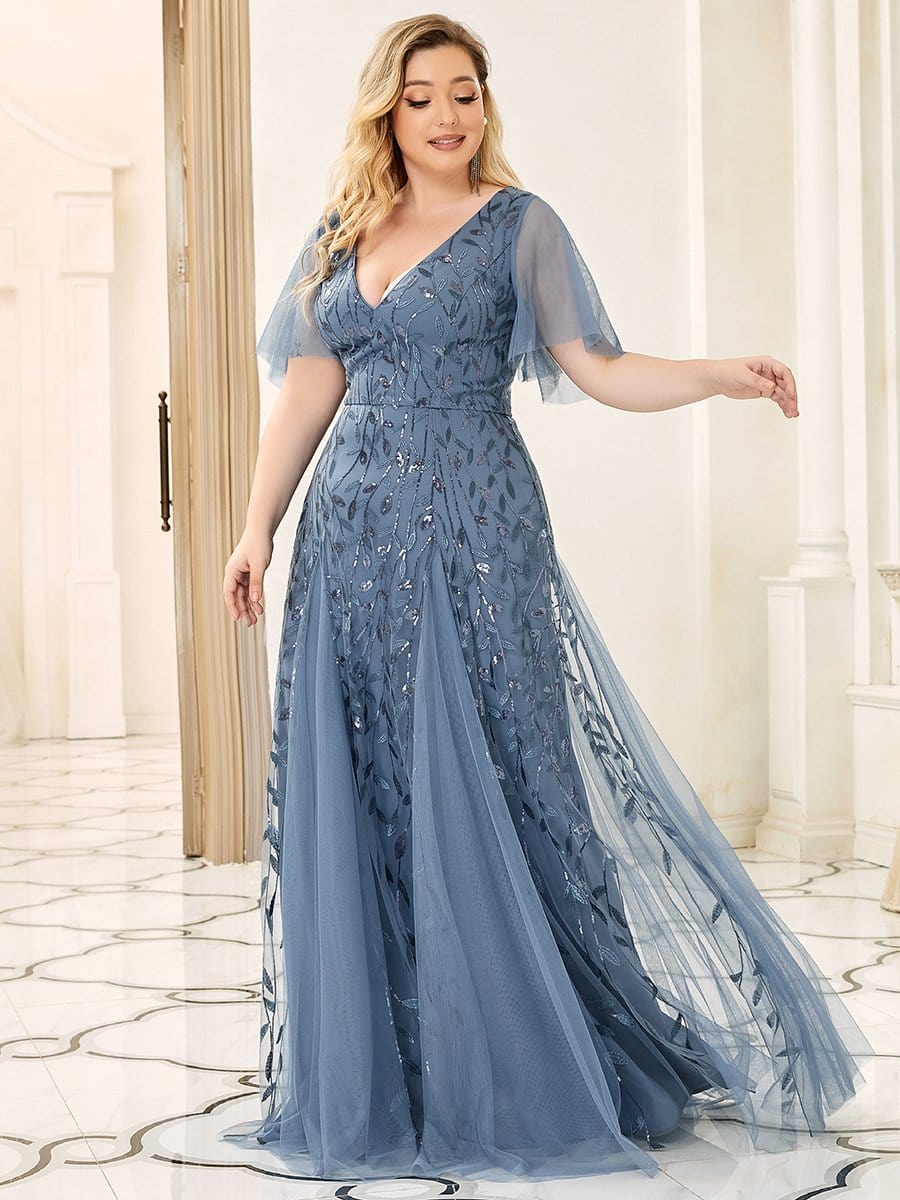 Shimmery V Neck Ruffle Sleeves Sequin Maxi Long Evening Dress #color_Dusty Navy 