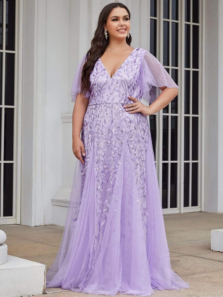 Shimmery V Neck Ruffle Sleeves Sequin Maxi Long Evening Dress #color_Lavender 