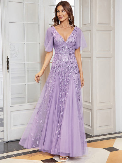 Shimmery V Neck Ruffle Sleeves Sequin Maxi Long Evening Dress #color_Lavender