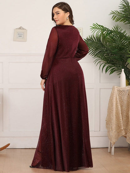 Women's Sexy Long Sleeve V-Neck Shiny Evening Dress #color_Burgundy 