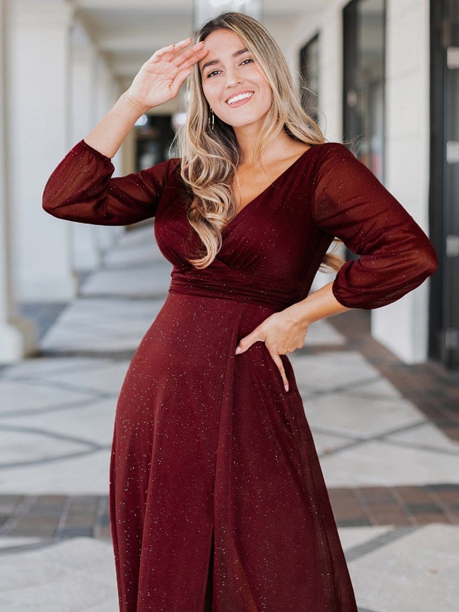 Women's Sexy Long Sleeve V-Neck Shiny Evening Dress #color_Burgundy 