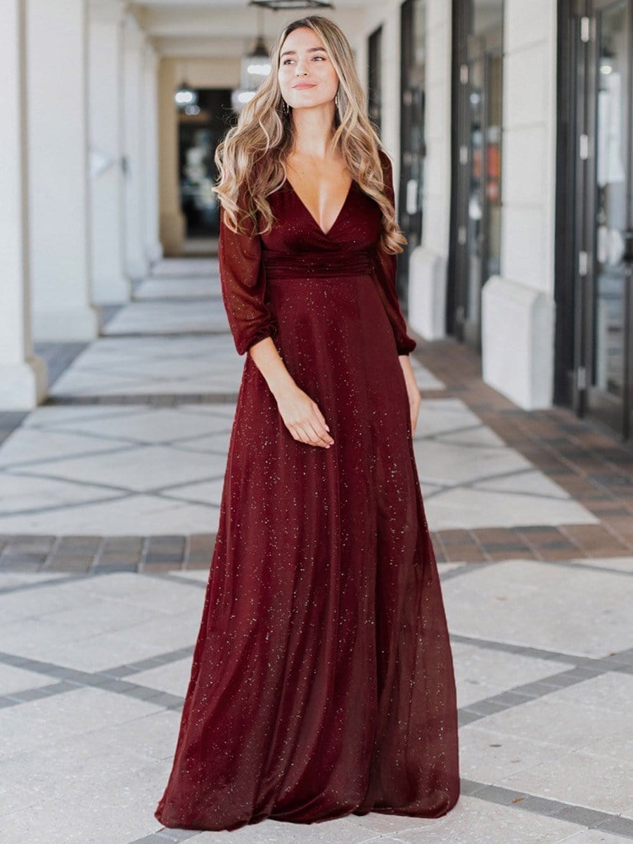 Women's Sexy Long Sleeve V-Neck Shiny Evening Dress #color_Burgundy 