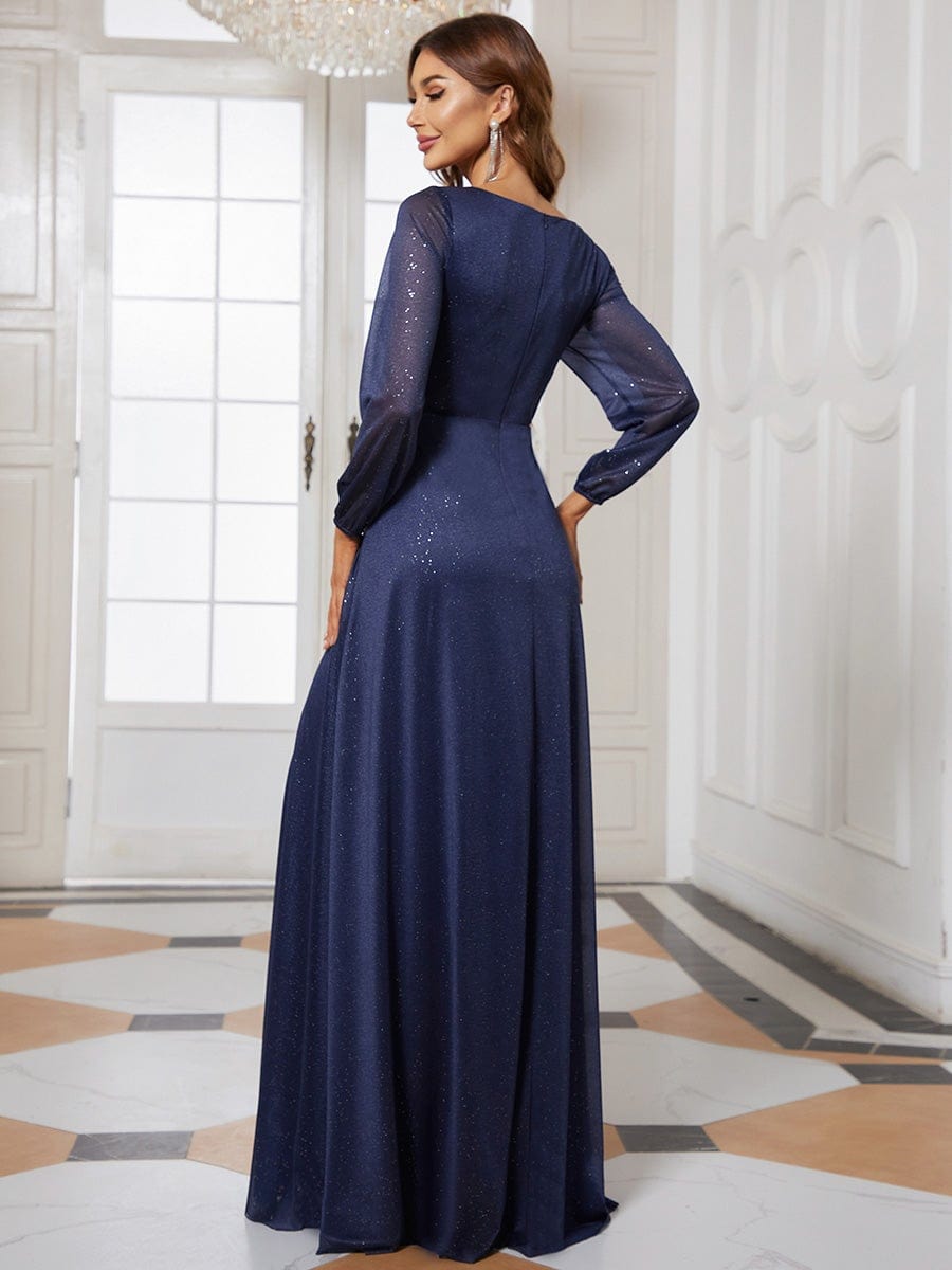 Women's Sexy Long Sleeve V-Neck Shiny Evening Dress #color_Navy Blue 