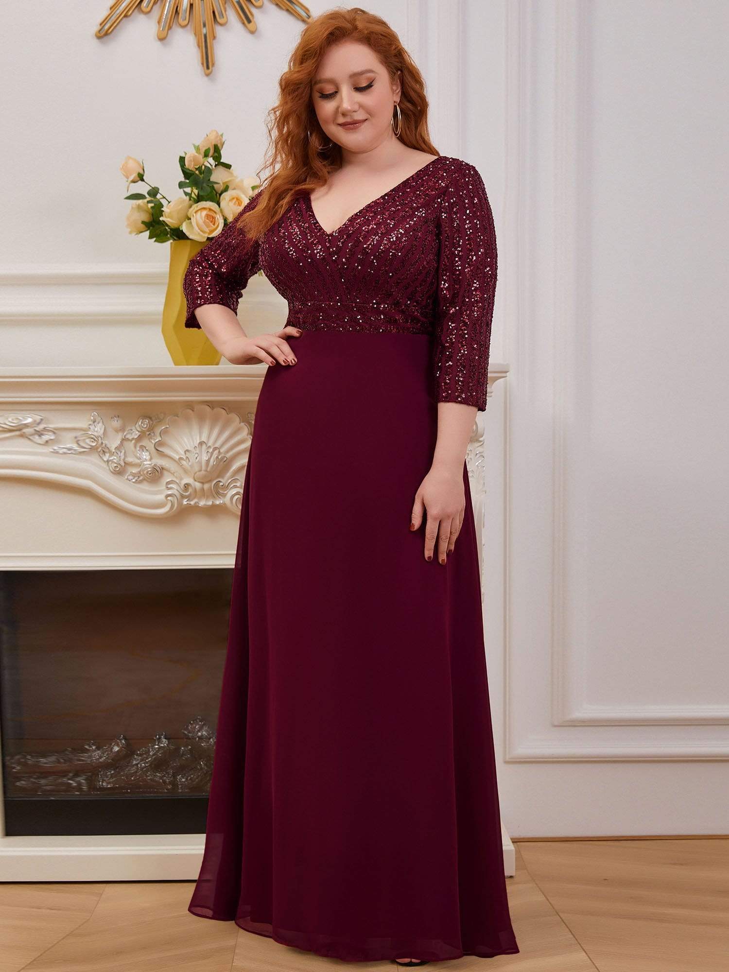 Plus Size V Neck A-Line Sequin Formal Evening Dress with Sleeve #color_Burgundy 