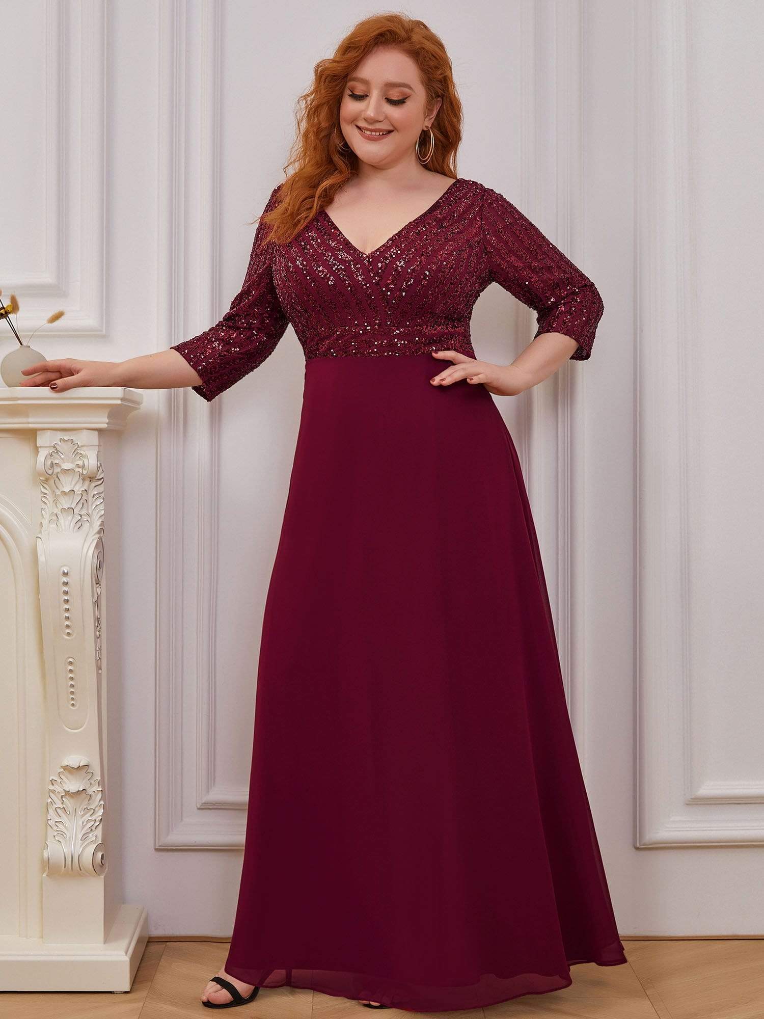 Plus Size V Neck A-Line Sequin Formal Evening Dress with Sleeve #color_Burgundy 