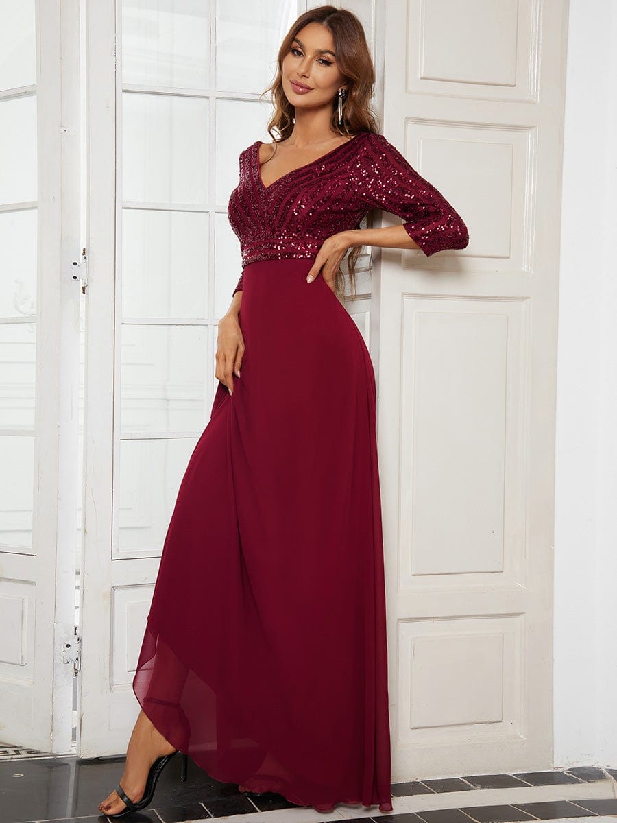 Sexy V Neck Sequin Evening Dresses with 3/4 Sleeve #color_Burgundy 