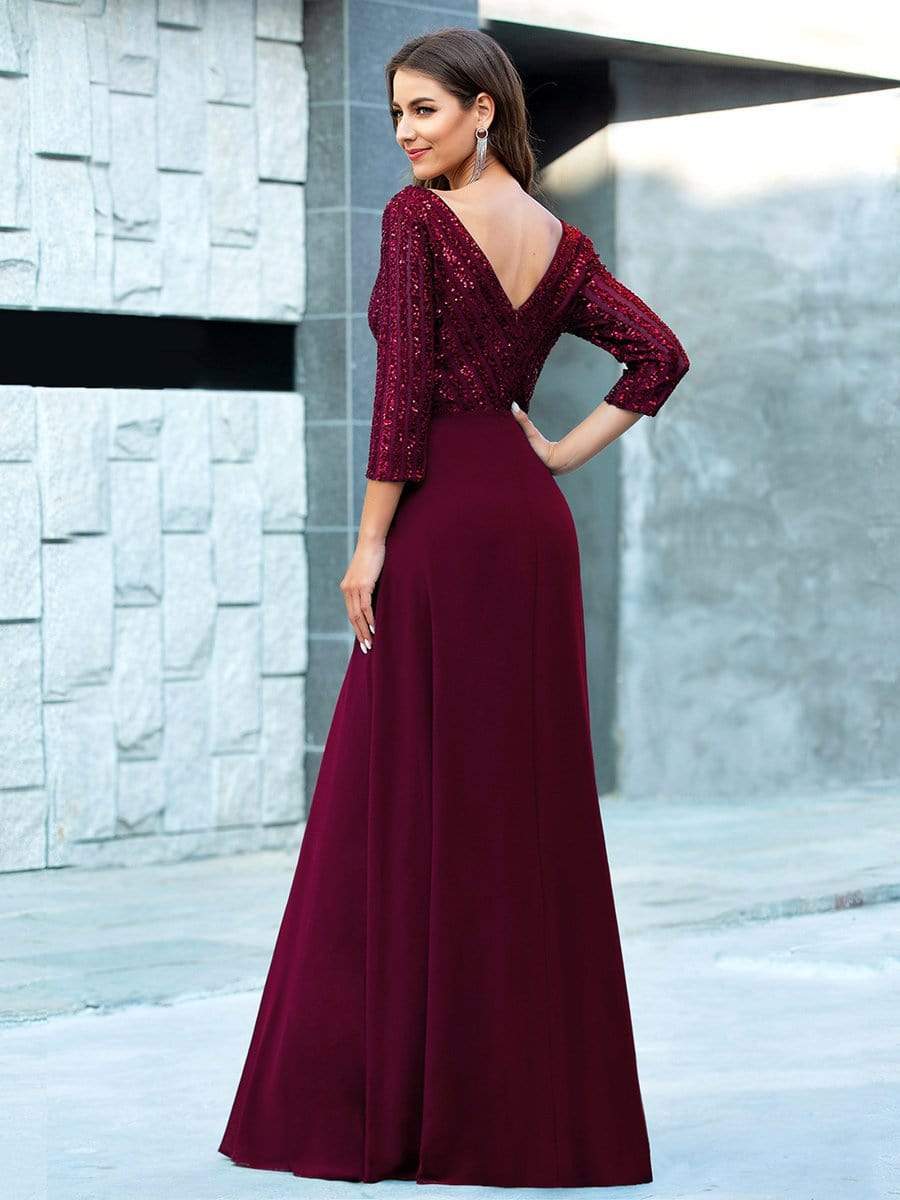 Sexy V Neck Sequin Evening Dresses with 3/4 Sleeve #color_Burgundy 