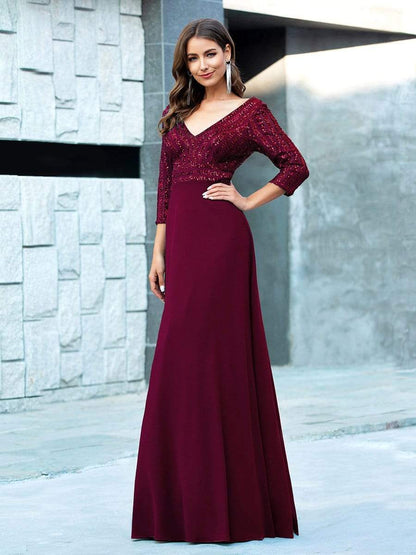 Sexy V Neck Sequin Evening Dresses with 3/4 Sleeve #color_Burgundy 