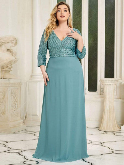 Plus Size V Neck A-Line Sequin Formal Evening Dress with Sleeve #color_Dusty Blue 