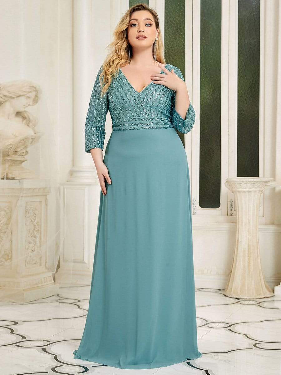 Custom Size V Neck A-Line Sequin Formal Evening Dress with Sleeve #color_Dusty Blue 