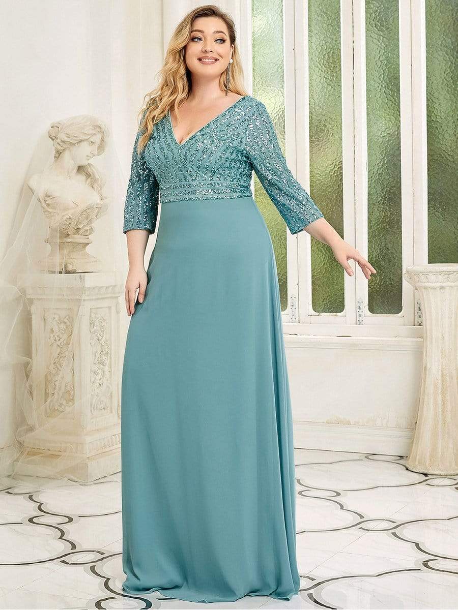 Custom Size V Neck A-Line Sequin Formal Evening Dress with Sleeve #color_Dusty Blue 