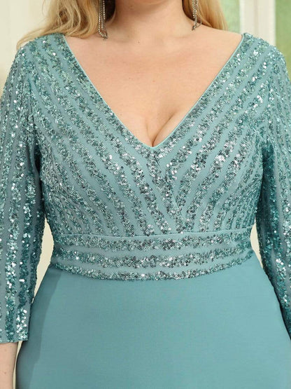 Custom Size V Neck A-Line Sequin Formal Evening Dress with Sleeve #color_Dusty Blue 