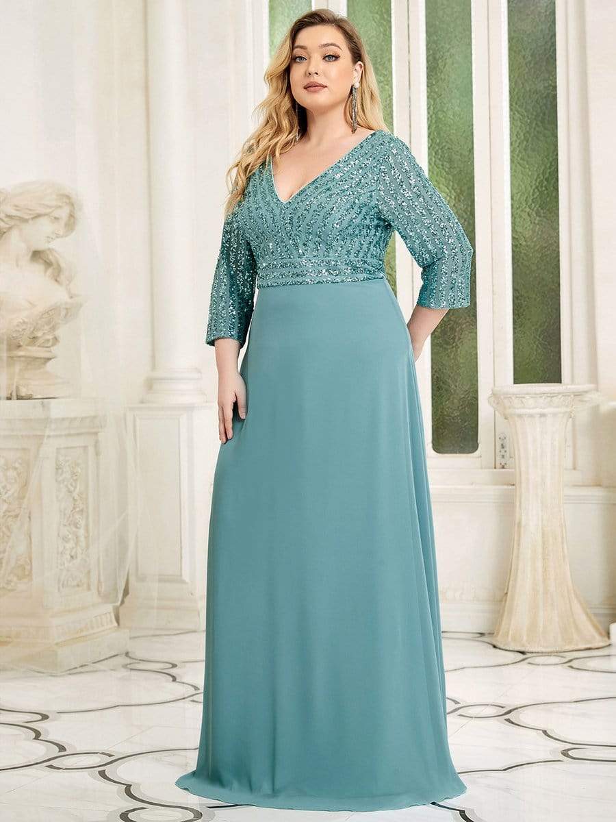 Custom Size V Neck A-Line Sequin Formal Evening Dress with Sleeve #color_Dusty Blue 