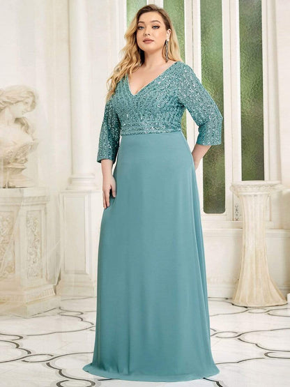 Custom Size V Neck A-Line Sequin Formal Evening Dress with Sleeve #color_Dusty Blue 