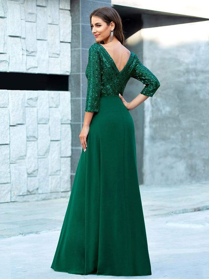 Sexy V Neck Sequin Evening Dresses with 3/4 Sleeve #color_Dark Green 