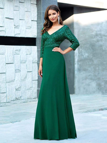 Sexy V Neck Sequin Evening Dresses with 3/4 Sleeve #color_Dark Green 