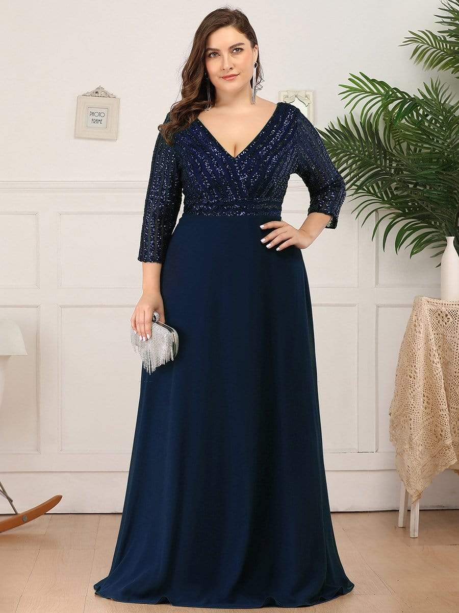 Plus Size V Neck A-Line Sequin Formal Evening Dress with Sleeve