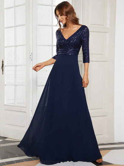 Sexy V Neck Sequin Evening Dresses with 3/4 Sleeve #color_Navy Blue 