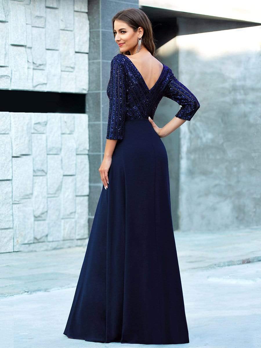 Sexy V Neck Sequin Evening Dresses with 3/4 Sleeve #color_Navy Blue 