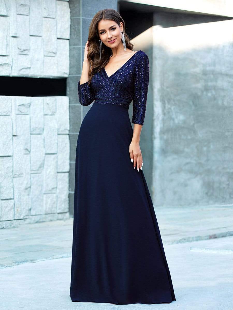 Sexy V Neck Sequin Evening Dresses with 3/4 Sleeve #color_Navy Blue 