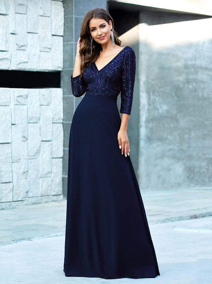 Sexy V Neck Sequin Evening Dresses with 3/4 Sleeve #color_Navy Blue 