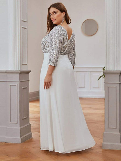 Sexy V Neck Sequin Evening Dresses with 3/4 Sleeve #color_White 