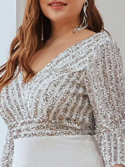 Sexy V Neck Sequin Evening Dresses with 3/4 Sleeve #color_White 