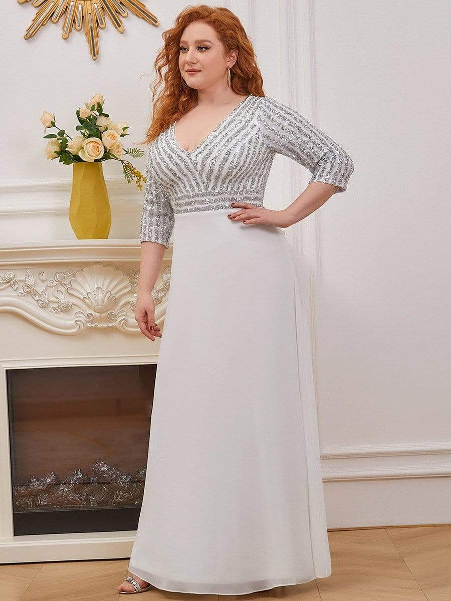 Plus Size V Neck A-Line Sequin Formal Evening Dress with Sleeve #color_White 